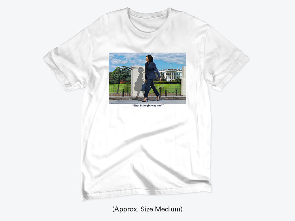A white t-shirt with a graphic print of a person in a suit walking in front of the White House.