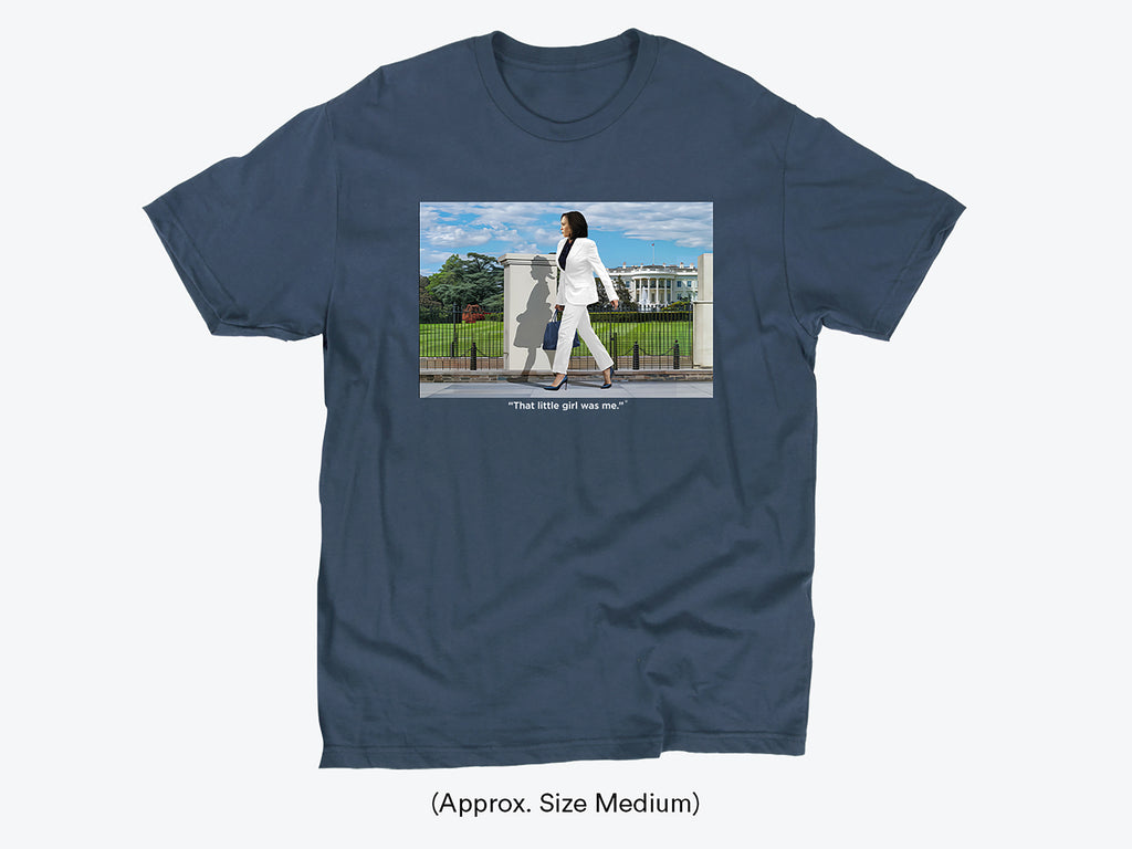 A navy-colored t-shirt with a graphic print of a person in a white suit standing in front of the White House.