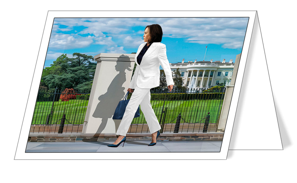 A set of greeting cards featuring a silk-finished print of a woman, symbolizing Kamala Harris, with a shadow of a child (Ruby Bridges) on the white house wall