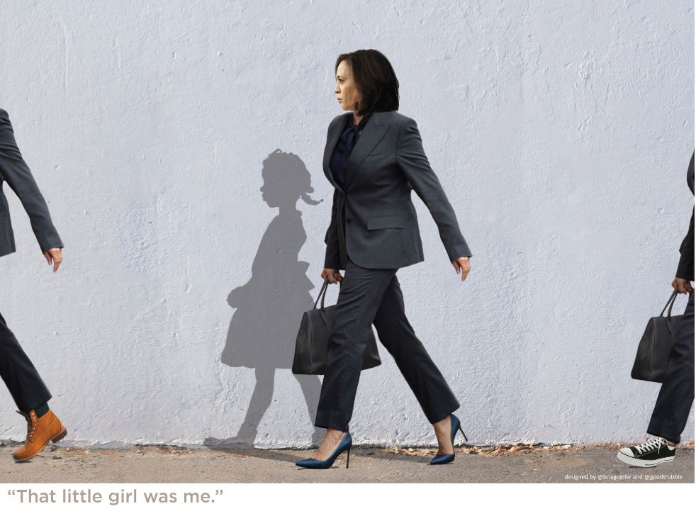 A print of Harris Kamala in professional attire walking past a shadow of a child on a wall with the phrase 'That little girl was me.
