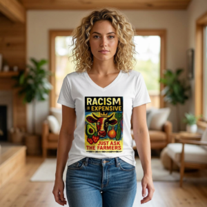 Women's Relaxed V-Neck Tee — Racism = Expensive | Good Trubble Political Art Shirt